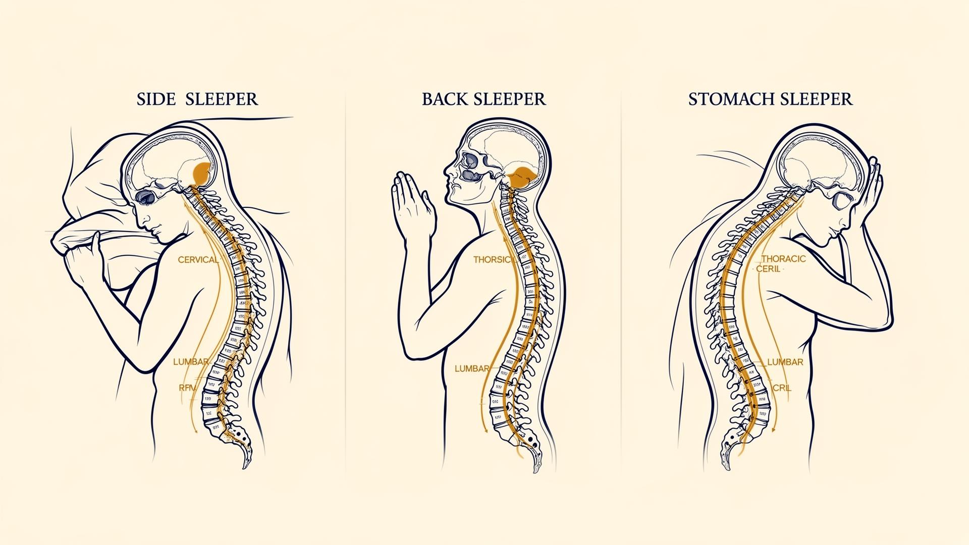 Anatomical diagram of spinal alignment in side, back, and stomach sleeping positions