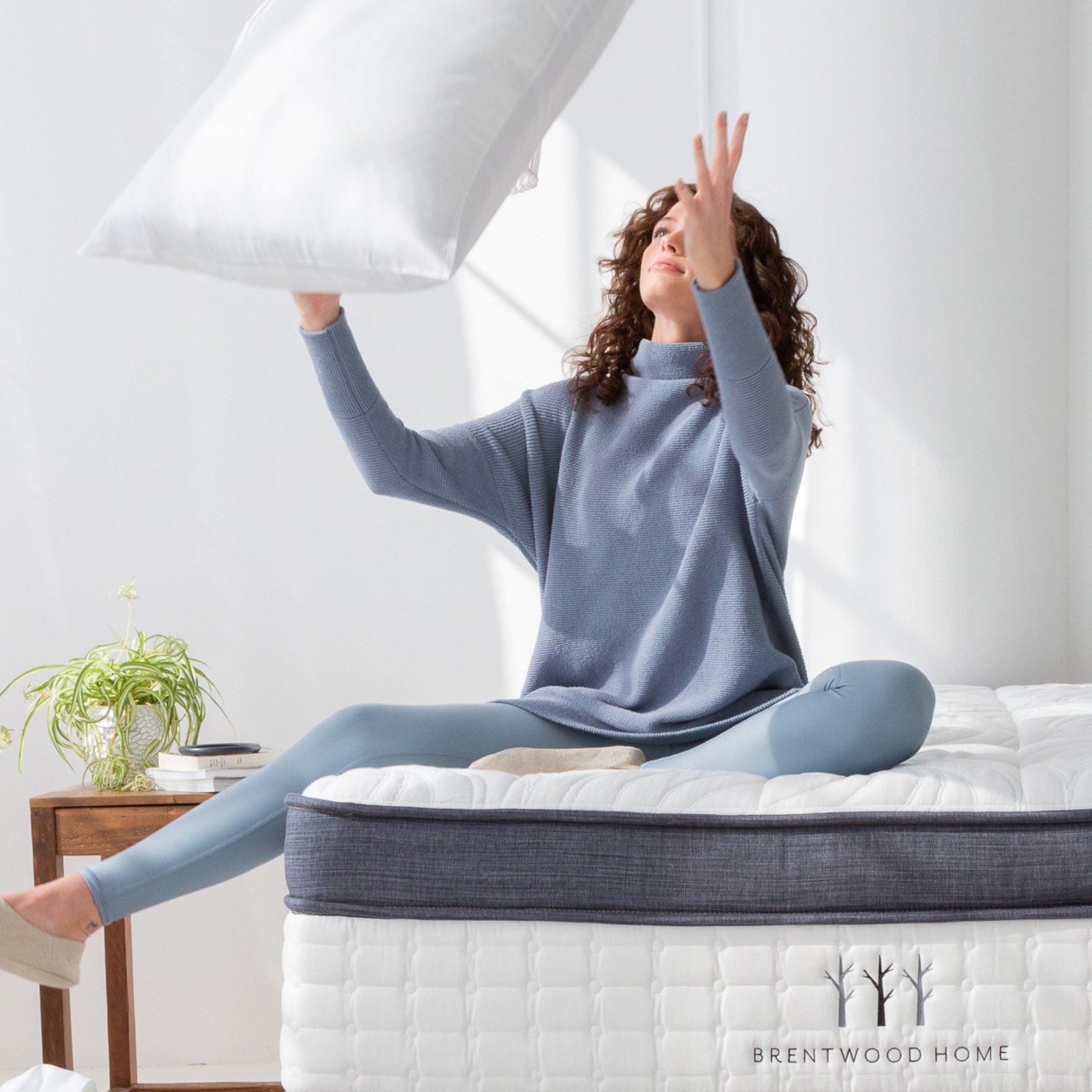 Brentwood Home Oceano mattress styled in a bedroom