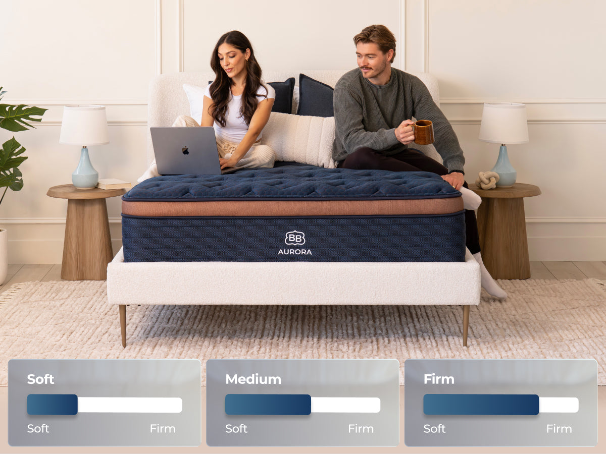 Brooklyn Bedding Aurora Luxe firmness chart showing the Soft, Medium and Firm options
