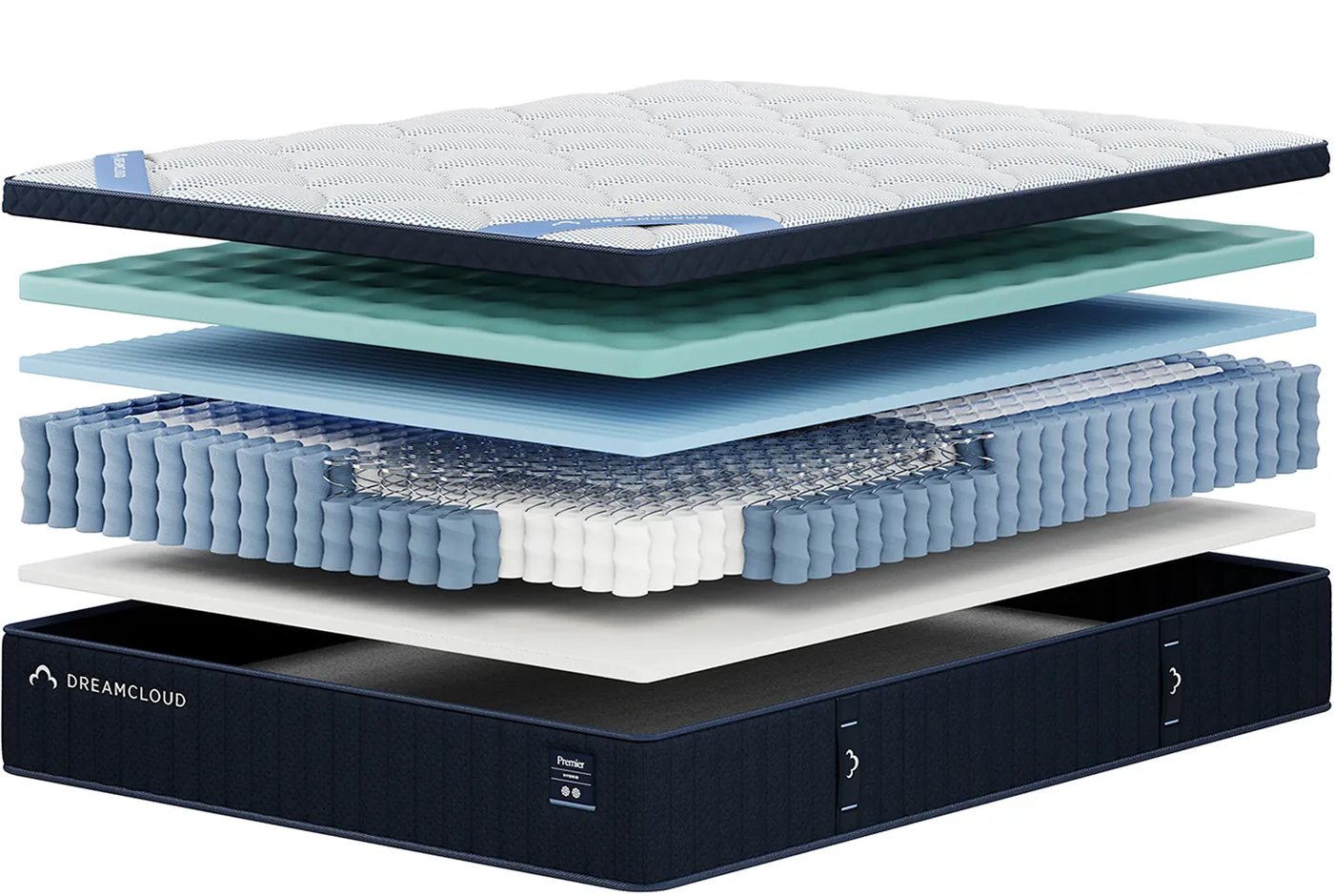 Exploded layer diagram of the DreamCloud Premier Hybrid