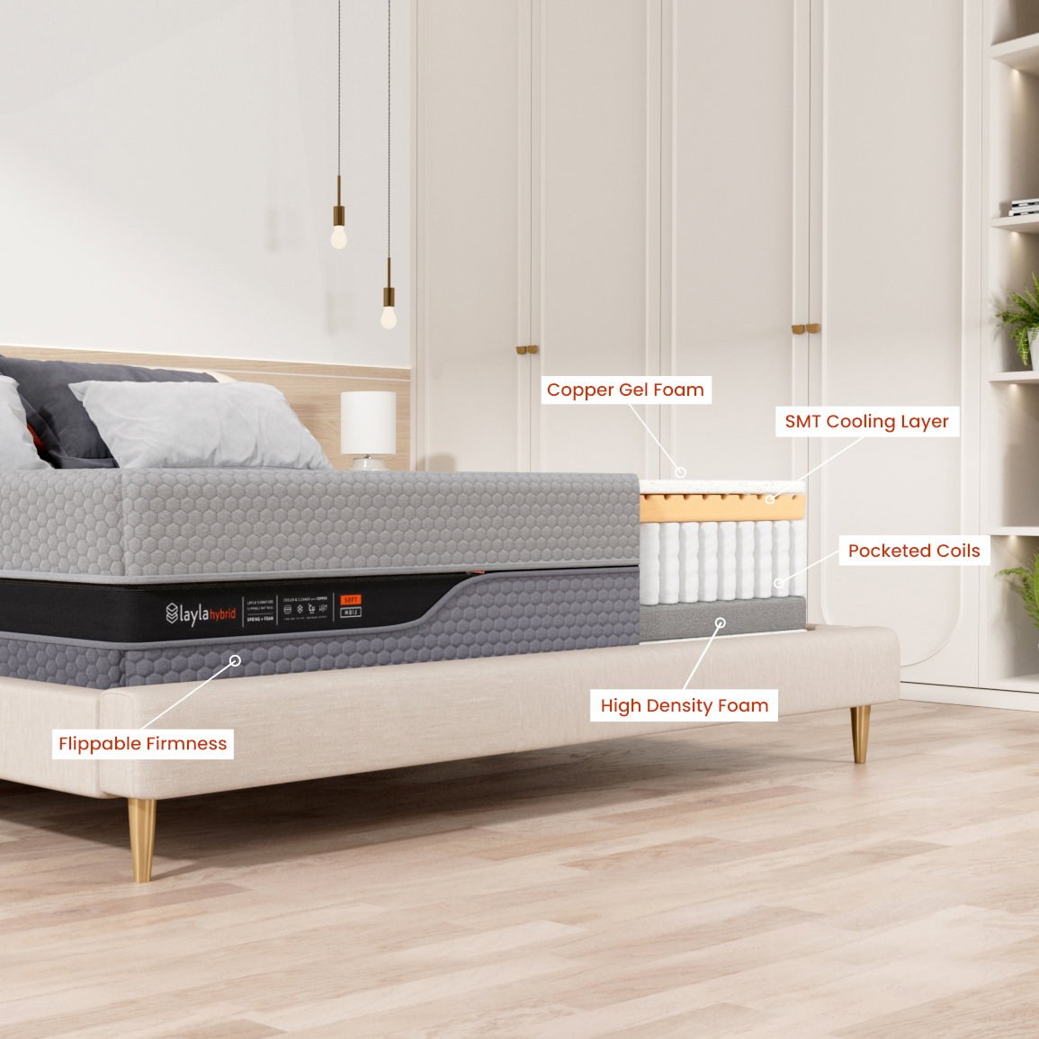 Layla Hybrid mattress styled in a bedroom