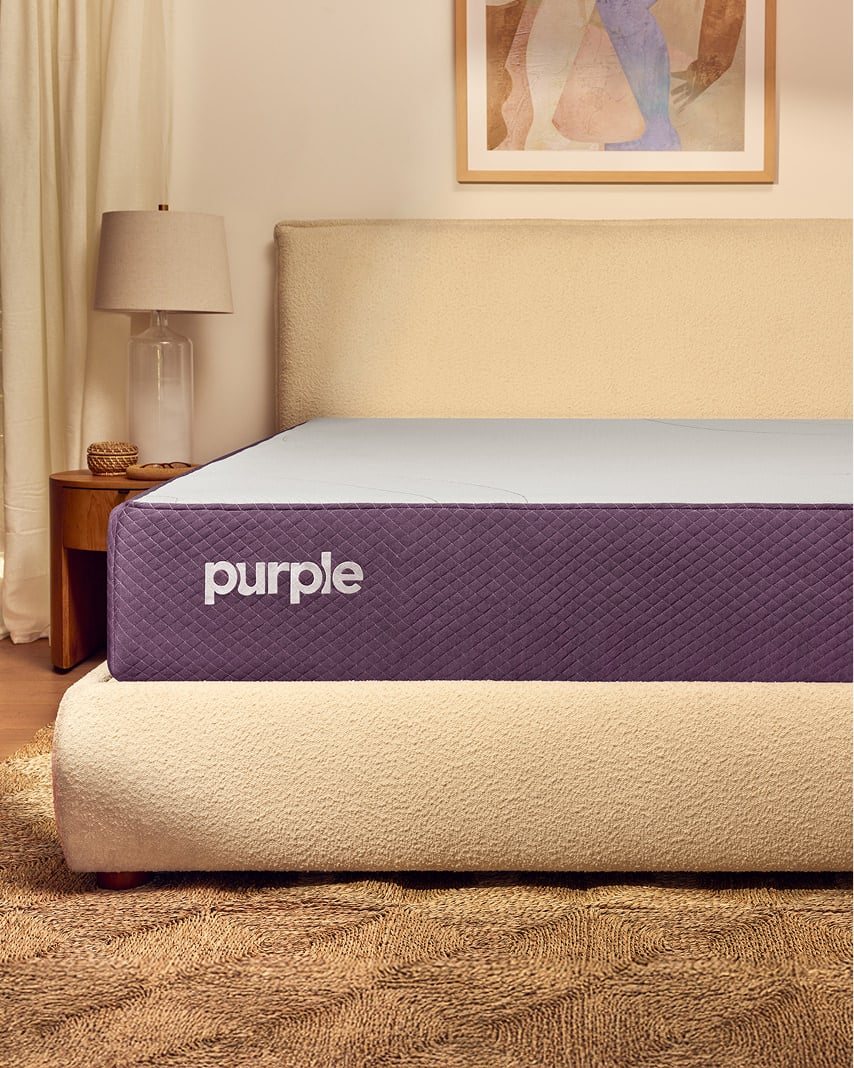 Angled view of the Purple Restore Hybrid mattress showing its side profile