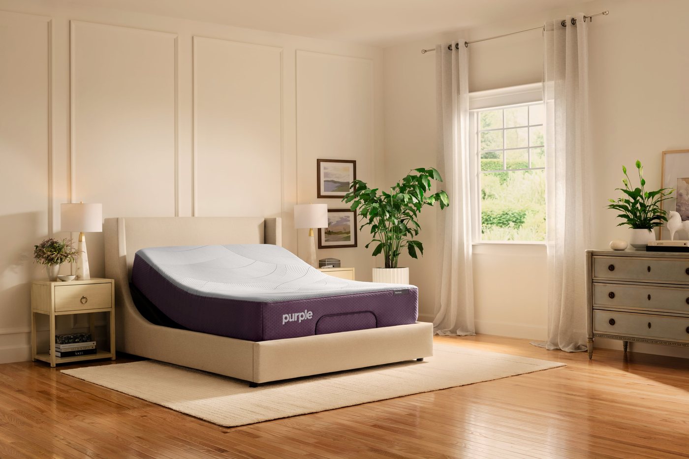 Purple Restore Hybrid mattress on an adjustable Smart Base in a bedroom