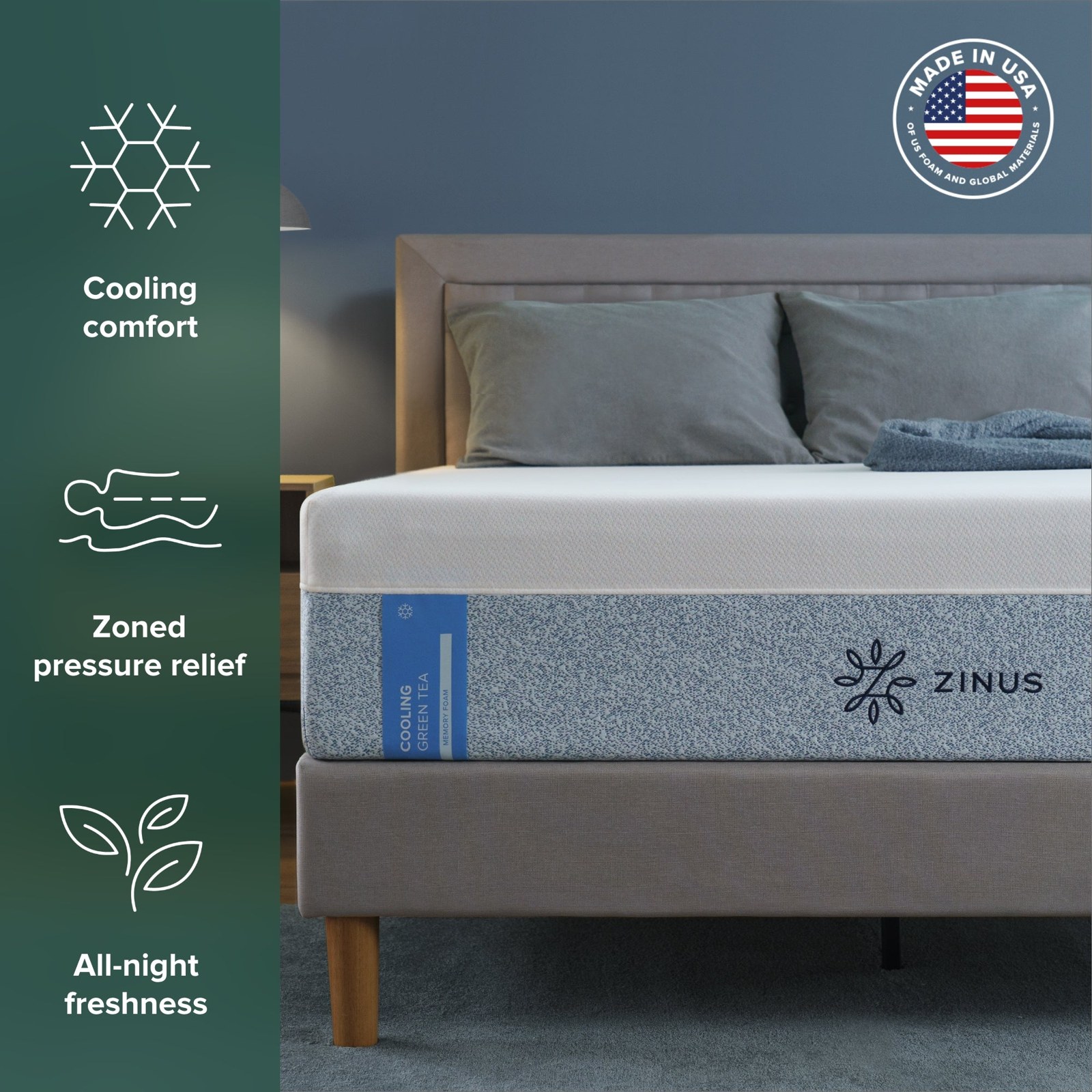 Zinus Green Tea Memory Foam mattress photographed from the side