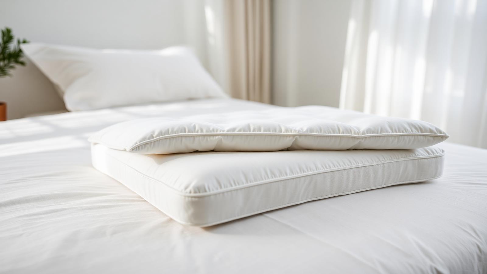 Folded organic mattress topper layered on a freshly made bed in soft morning light